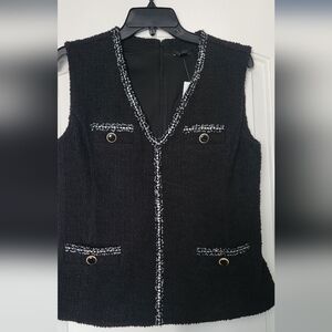Chic Black Tweed Sleeveless Vest with Contrast Trim And Silver Accents